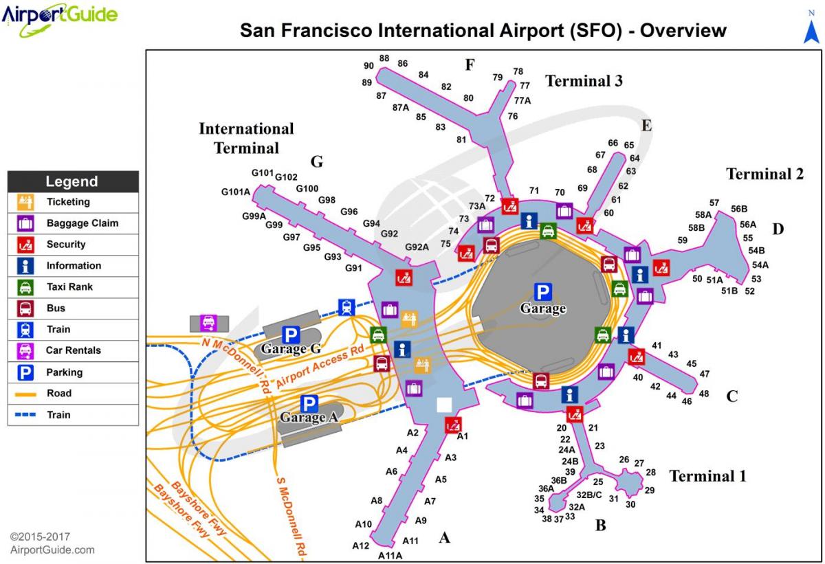 SFO меѓународни пристигнувања во текот на мапата