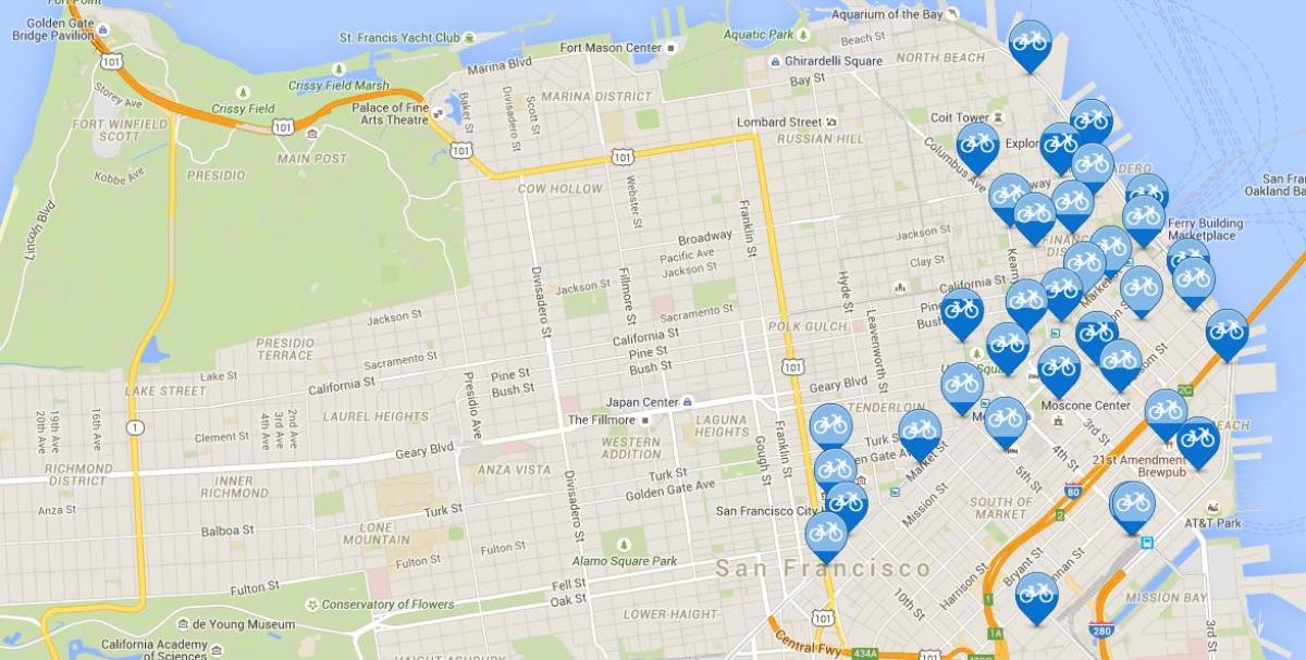 Карта на Сан Франциско и споделување на велосипед